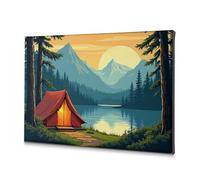Decoración religiosa de Pascua, un campamento sereno junto a un lago con montañas en el fondo. Lienzo decorativo para baño, decoración de pared (30 x 40 cm)