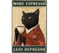 Decoración retro divertida de gato negro con texto en inglés "More Espresso Less Depress" para jardín, valla de jardín, decoración de pared, letrero de metal para garaje, cueva, regalo de bar, arte
