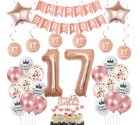 Decoración Rosa Oro para Cumpleaños 17 Años Niña - Globos, Guirnalda Banderola Happy 17th Birthday - Kit Completo para Chica