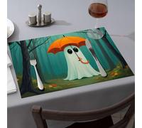 Decoración rústica para el hogar, un fantasma amigable sosteniendo un paraguas naranja bajo la lluvia, mantel individual para comedor, camino de mesa, decoración de mesa de Pascua (1 unidad)