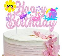 Decoracion Tarta Cumpleaños Verano,Brillante Feliz Cumpleaños Tarta, Decoración de Pasteles de Hawaiana, Piscina Playa Topper Tartas, Suministros de Decoración para Fiestas Temáticas de Verano