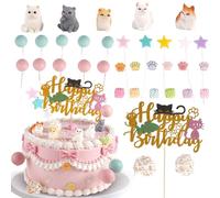 Decoracion Tarta Gato, 34 Piezas Adornos para Tartas de Cumpleaños, Decoración Tartas de Bolas, Happy Birthday Cake Topper para Fiesta Temática de Gatos, Cumpleaños, Boda