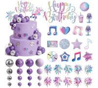 Decoracion Tartas Cumpleaños de Temática Musical, 46 Pcs Happy Birthday Decoracion Tarta Discoteca, Decoración Tarta de Bolas, Adornos para Tartas de Cumpleaños para Fiesta de Musica Cumpleaños Boda