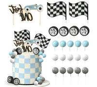 Decoración Torta Cumpleaños Cars, Coche Cake Topper, Deco Pastel De Feliz Cumpleaños Con Bandera a Cuadros y Tema Carreras Para Niños 22pcs, Azul