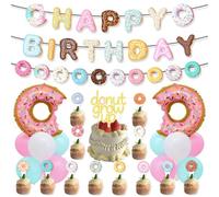 Decoracione con globos de donut, Set de decoración para fiesta con Tema del postre,Set Decoración Fiesta Cumpleaños Tema Donuts, Incluye Banner, Guirnalda, Adorno para tartas y globos(29 piezas)