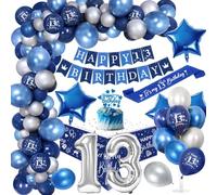 Decoraciones 13 Años Chico, Globos Cumpleaños Fiesta Azul Plata Con Happy Birthday Banner, Sash, Manteles y Cake Topper Para Hombres Adultos