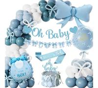 Decoraciones Baby Shower Niño, Globos Azul y Blancos, Baby Shower Kit con Guirnalda Oh Baby, Globo Lazo, Mummy to Be Faja, Topper Tarta Gender Reveal Party