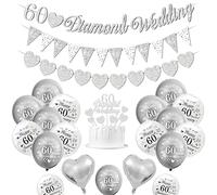 Decoraciones boda diamantes, decoraciones aniversario boda 60 pancarta boda diamantes 60 Globos Happy 60th Anniversary Globos blancos plateados Globos corazón 60 Diamond Wedding Cake Topper