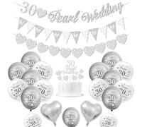 Decoraciones boda perla, decoraciones aniversario boda 30 pancarta boda perla 30 Globos Happy 30th Anniversary Globos blancos plateados Globos corazón 30 Pearl Wedding Cake Topper
