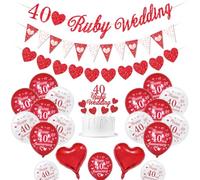 Decoraciones boda rubí, decoraciones aniversario boda 40 pancarta boda rubí 40 Globos Happy 40th Anniversary Globos blancos rojos Globos corazón 40 Ruby Wedding Cake Topper