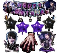 Decoraciones con temática de películas de terror, Globo de aluminio con forma de chica terrorífica, Incluye Redondo, Globos de estrellas morados y negros, Bandera, Adorno colgante