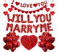 Decoraciones con texto en inglés "Will You Marry Me", 46 piezas de decoración de propuesta "I Love You", globos de corazón rojo, colgante de corazón, 500 pétalos de rosa artificiales para suministros