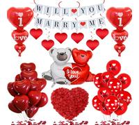 Decoraciones con texto en inglés "Will You Marry Me", 534 piezas de decoración romántica que incluye pancarta con texto en inglés "I Love You", globos de papel de aluminio con forma de corazón rojo,