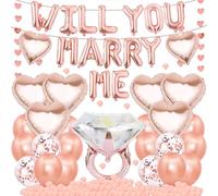 Decoraciones con texto en inglés "Will You Marry Me", globos de propuesta de oro rosa con guirnalda de banderines de corazón, anillos de diamantes de San Valentín, pétalos para fiestas temáticas
