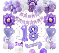 Decoraciones cumpleaños 18 años, Decoraciones 18 años cumpleaños morado para mujer Globos Macaron morado blanco Pancarta HAPPY BIRTHDAY Globos número 18 Globos corazón Decoración para tarta