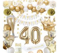 Decoraciones cumpleaños 40 años, decoraciones cumpleaños 40 años oro para hombre mujer globos oro blanco pancarta HAPPY BIRTHDAY globos número 40 globos corona estrella corazón