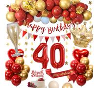 Decoraciones Cumpleaños 40 años, Decoraciones Cumpleaños 40 años Rojos para Hombre Mujer Globos Rojo Oro Blanco Pancarta HAPPY BIRTHDAY Globos Número 40 Globos Corona Corazón