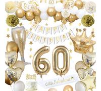 Decoraciones cumpleaños 60 años, decoraciones cumpleaños 60 años oro para hombre mujer globos oro blanco pancarta HAPPY BIRTHDAY globos número 60 globos corona estrella corazón