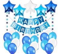 Decoraciones Cumpleaños Niño - 1 Bandera Banderines Feliz Cumpleaños “Happy Birthday” + 5 Estrellas Globos de Aluminio + 2 Guirnaldas Estrellas de 3 metros + 18 Globos Azul Blanco