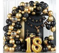 Decoraciones de 18 cumpleaños para niños kit de arco de globos negros y dorados con número de papel de aluminio globos de confeti de feliz cumpleaños decoración de fiesta de oro negro para niñas
