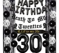 Decoraciones de 30 cumpleaños para él Banner de Her Black Death to My Twenties, Rip to My 20s Sash, Globo número 30, Banner de globo de feliz cumpleaños, Cortina de aluminio