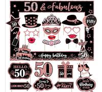 Decoraciones de 50 años para mujer - Kit de 25 accesorios Photobooth negro y oro rosa, Props Photo "Happy 50th Birthday" para fiesta de cumpleaños