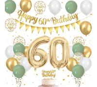 Decoraciones de 60 Cumpleaños Con Globos Verde Salvia, Blanco y Dorado, Banderola de Feliz Cumpleaños, Adorno Para Tarta - 60 Piezas Para Fiesta