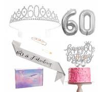 Decoraciones de 60 cumpleaños plateadas - Juego de diadema y diadema para mujer, banda para fiesta, corona, decoración para tartas, globos de aluminio, velas