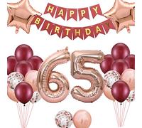 Decoraciones de 65 cumpleaños rojo viento para mujer, pancartas de feliz cumpleaños número 65 globos de cumpleaños con papel de estrella de aluminio rosa oro rojo confeti globos para su madre, madre