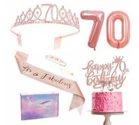 Decoraciones de 70 cumpleaños de oro rosa para mujer - Faja, juego de tiara, corona, decoración de tartas, globos de aluminio del número 70, velas, suministros de fiesta y regalos para ella