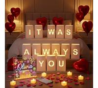 Decoraciones de aniversario con texto en inglés "It Was Always You Happy Anniversary" - Bolsas luminarias con tablero de mensajes LED y soporte, 5 bolígrafos, 30 velas de té de corazón, 10 globos y