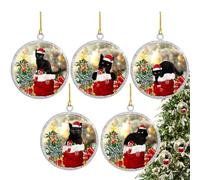 Decoraciones de árbol de Navidad acrílico,adornos redondos para árboles de Navidad - Colgantes de árbol de 5 piezas, gato negro, colgantes de Navidad acrílicos - Adornos divertidos y lindos para