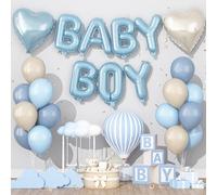 Decoraciones de baby shower azul polvoriento para niño, juego de globos de aluminio con letras de bienvenida para bebé, juego de telón de fondo con látex azul claro, beige, champán, dorado y globo de