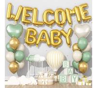 Decoraciones de baby shower de color verde salvia, doradas, con globos de papel de aluminio con letras Welcome, juego de telón de fondo con látex verde oliva, beige, albaricoque y globo de corazón