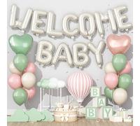 Decoraciones de baby shower rosa y verde, juego de globos de aluminio con letras Welcome, color verde salvia, rosa, dorado, crema, beige, látex y globo de corazón para recién nacido, revelación de