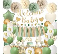Decoraciones de baby shower verde salvia, pancarta de bienvenida para bebé, verde oliva, oro, arena blanca, confeti, globos de látex con pompones y borlas para decoración de pastel de Oh Baby
