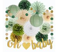 Decoraciones de baby shower verde salvia para niños, verde oliva y dorado, decoraciones de baby shower, pancarta de papel de seda, pompones de papel circular, guirnalda de cuerda colgante para bebés