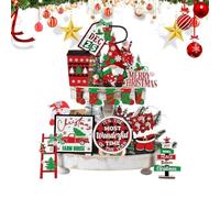 Decoraciones de bandeja de Navidad con niveles - Juego de decoración rústica de Navidad con niveles | Farmhouse Holiday Ornaments, acentos de mesa de madera, estilo de cabaña de invierno, pieza