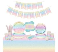 Decoraciones de celebración de arcoíris pastel, pancarta de feliz cumpleaños, mantel, platos de papel, servilletas, tazas para baby shower, sirve para 20 invitados