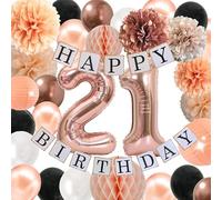Decoraciones de cumpleaños 21 para niñas - Suministros de cumpleaños de 21 años para ella con linterna de papel de melocotón oro rosa, pompones, flores globos decoración (negro + rosa rosa)