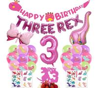 Decoraciones de cumpleaños 3 con temática de dinosaurios, 35 piezas de pancarta rosa de feliz cumpleaños, tres letras Rex, brachiosaurus, globos de aluminio impresos de dinosaurio para fiestas de
