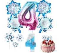 Decoraciones de Cumpleaños 4 Años 9 Piezas, Globos Copo de Nieve, Globo Número 4, 3D Velas de cumpleaños con Número de Copo de Nieve, Decoraciones de Copos de Nieve para Pastel