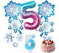 Decoraciones de Cumpleaños 5 Años 9 Piezas, Globos Copo de Nieve, Globo Número 5, 3D Velas de Cumpleaños con Número de Copo de Nieve, Decoraciones de Copos de Nieve para Pastel