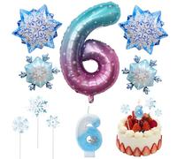 Decoraciones de Cumpleaños 6 Años 9 Piezas, Globos Copo de Nieve, Globo Número 6, 3D Velas de cumpleaños con Número de Copo de Nieve, Decoraciones de Copos de Nieve para Pastel