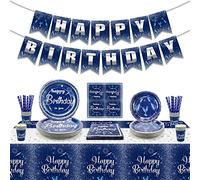 Decoraciones de cumpleaños azul marino y plata, suministros de fiesta para hombres y mujeres, incluye cartel de feliz cumpleaños, mantel, platos, servilletas, vasos, sirve para 20 invitados (A)