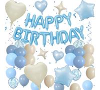 Decoraciones de cumpleaños azul polvoriento para niños, luz de bebé, azul bebé, arena, blanco, globos de confeti, globos de fiesta de feliz cumpleaños, globos de corazón, globos de estrella de 18/10