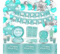 Decoraciones de cumpleaños azul turquesa y plata, decoraciones de fiesta de cumpleaños azul turquesa para mujeres, incluye banderola de feliz cumpleaños, globos, mantel, vajilla de papel, sirve 20