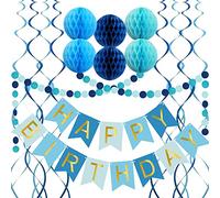 Decoraciones de cumpleaños azules con pancarta de feliz cumpleaños, bolas de papel de panal, guirnalda de círculo y decoraciones colgantes de remolino, decoraciones de fiesta de cumpleaños