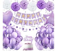 Decoraciones de cumpleaños color lavanda, decoraciones de fiesta color morado claro para mujeres y niñas, globos de cumpleaños color morado pastel con pancarta, pompones y adorno para pastel