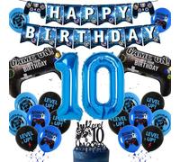 Decoraciones de cumpleaños de 10º videojuego, kit de 38 piezas de decoración de pancarta de feliz cumpleaños, globo de aluminio azul número 10, globos de control de juego, decoración de pasteles para
